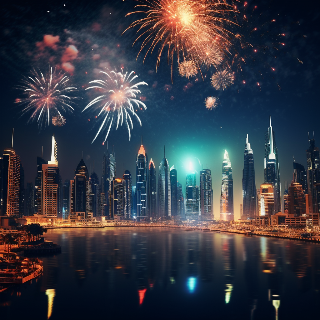 Dubai skyline fireworks celebration