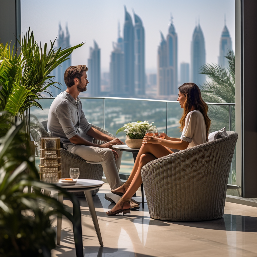 Man and woman enjoying Dubai skyline