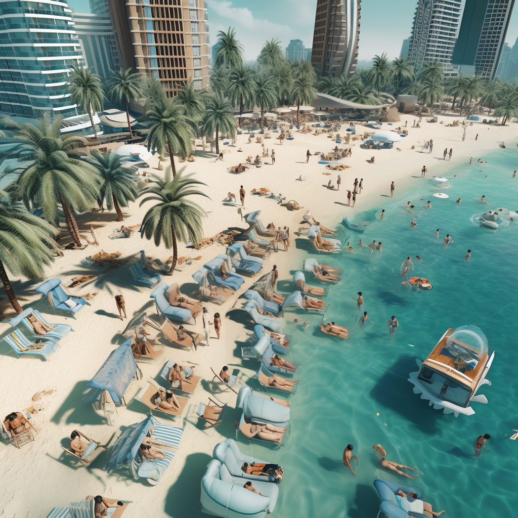 Tourists sunbathing on Dubai beach with VR helmets