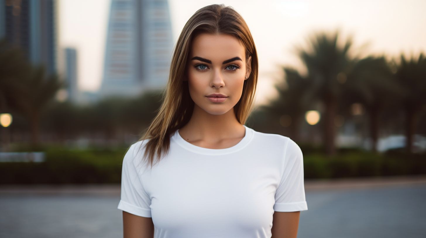 Young model in Dubai with ponytail and white T-shirt