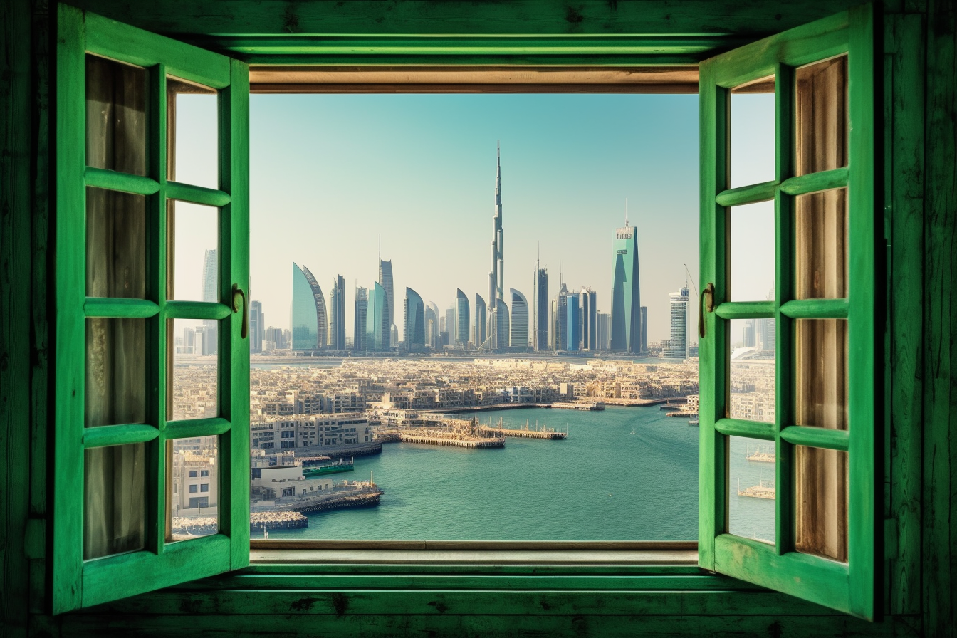 Dubai skyline through window