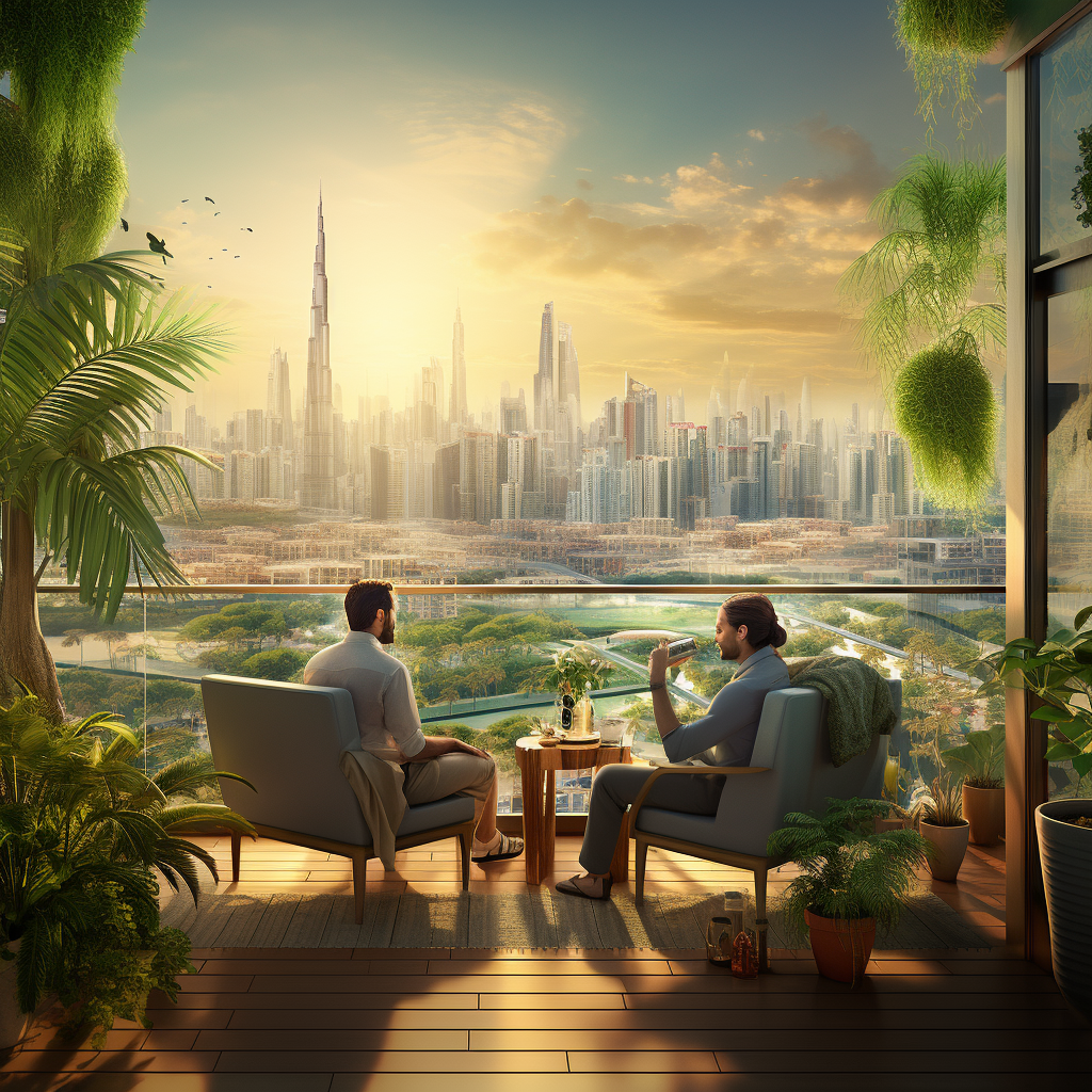 Couple enjoying Dubai skyline from terrace