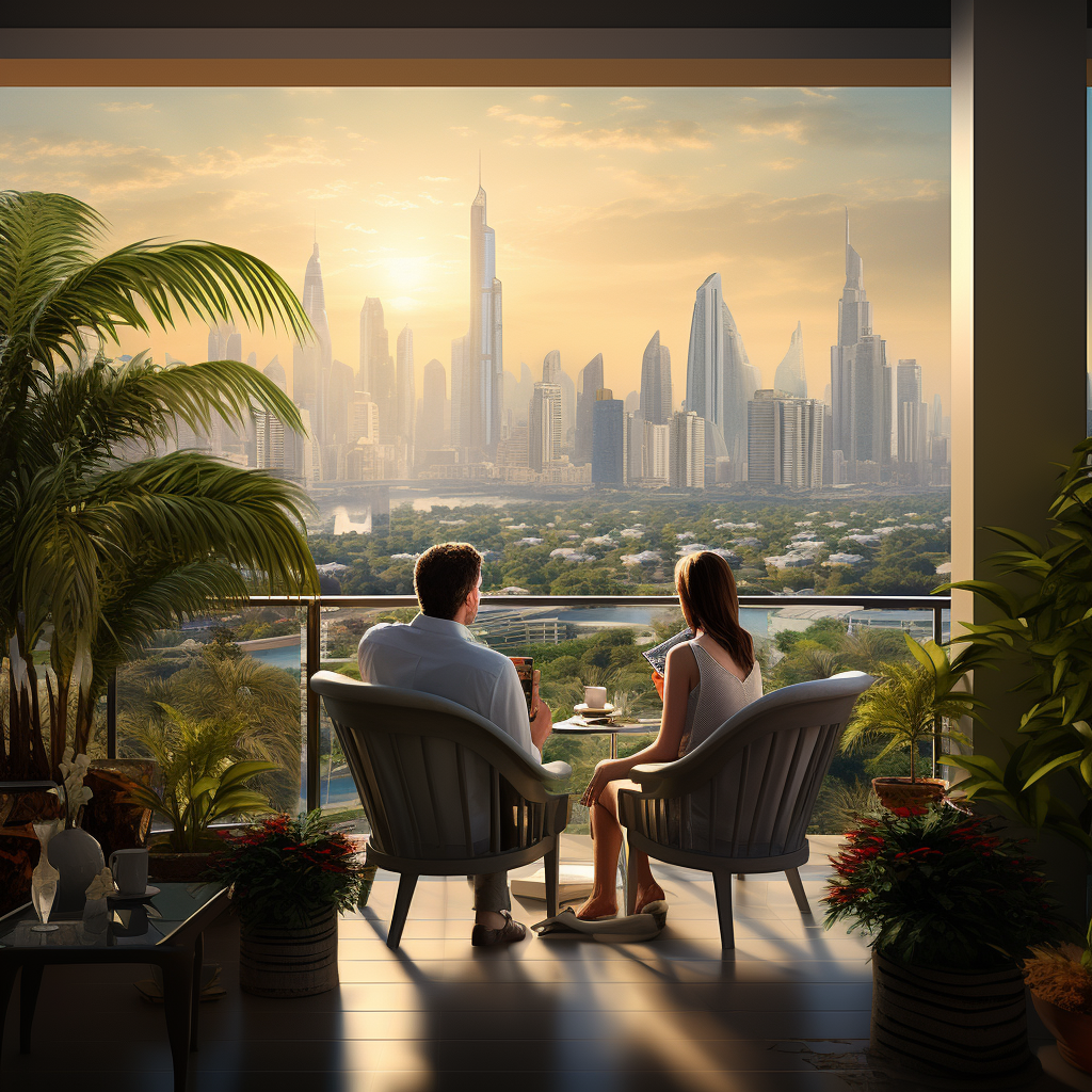 Couple enjoying terrace view in Dubai