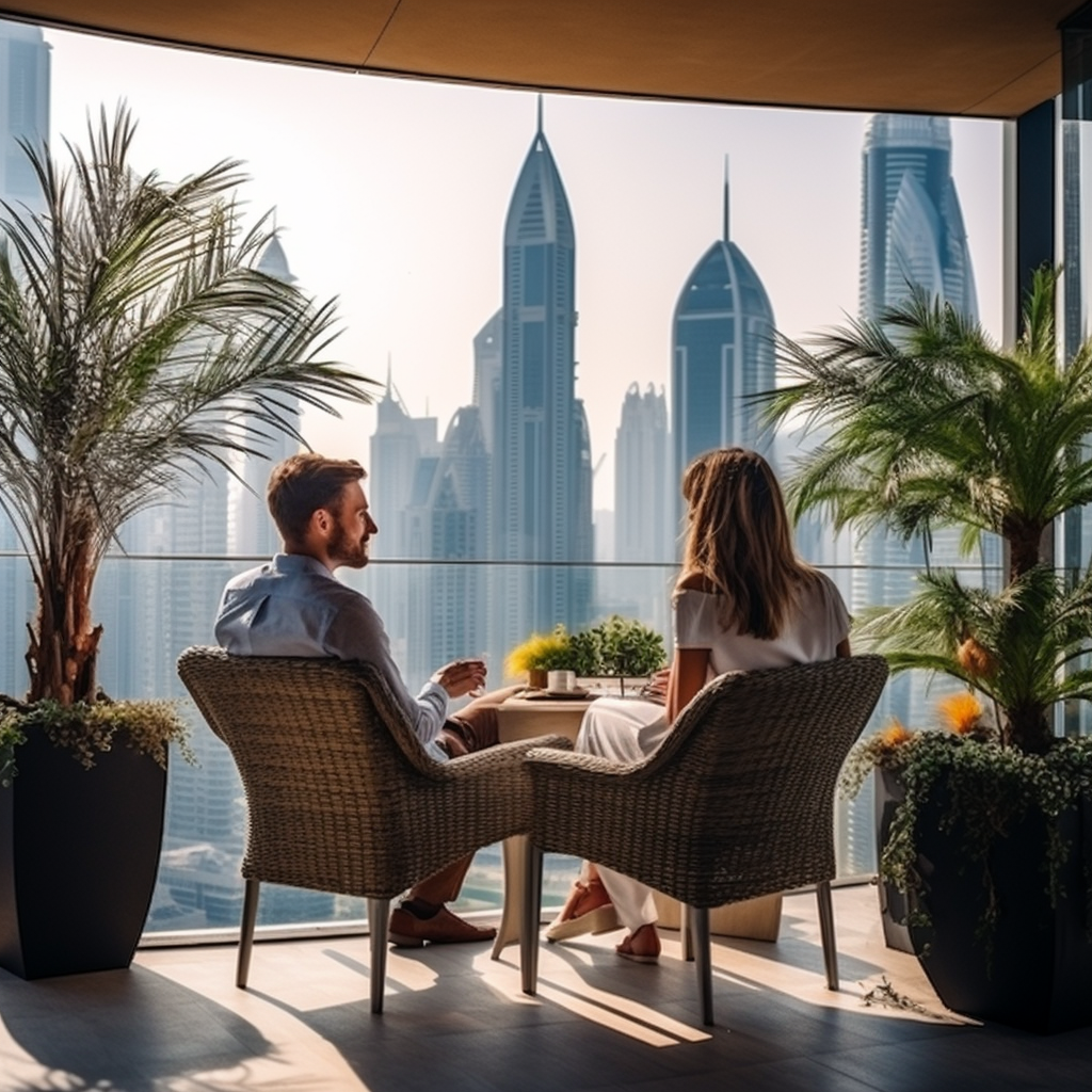 Couple enjoying Dubai terrace with stunning view