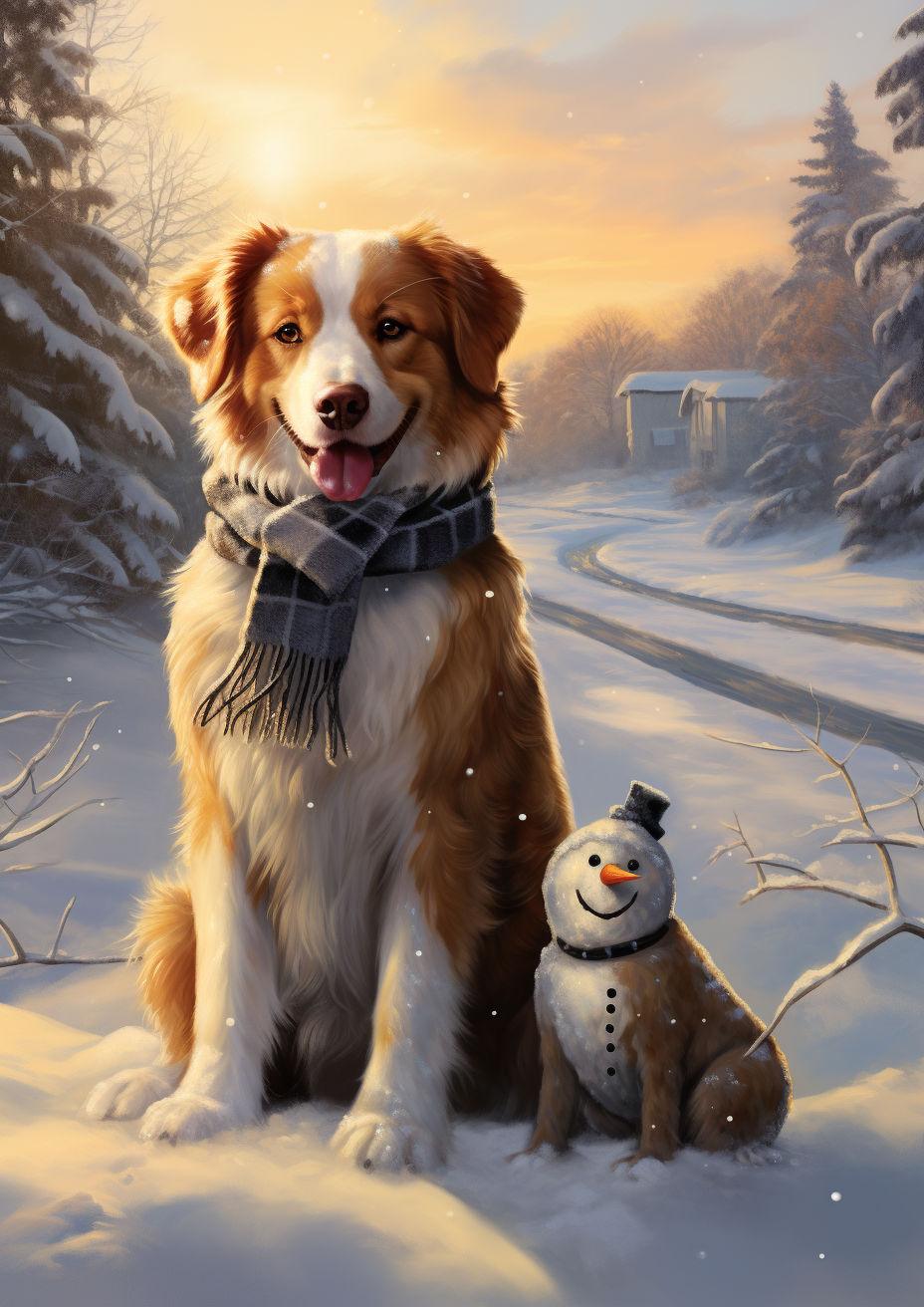 Nova Scotia Duck Tolling Retriever with Snowman