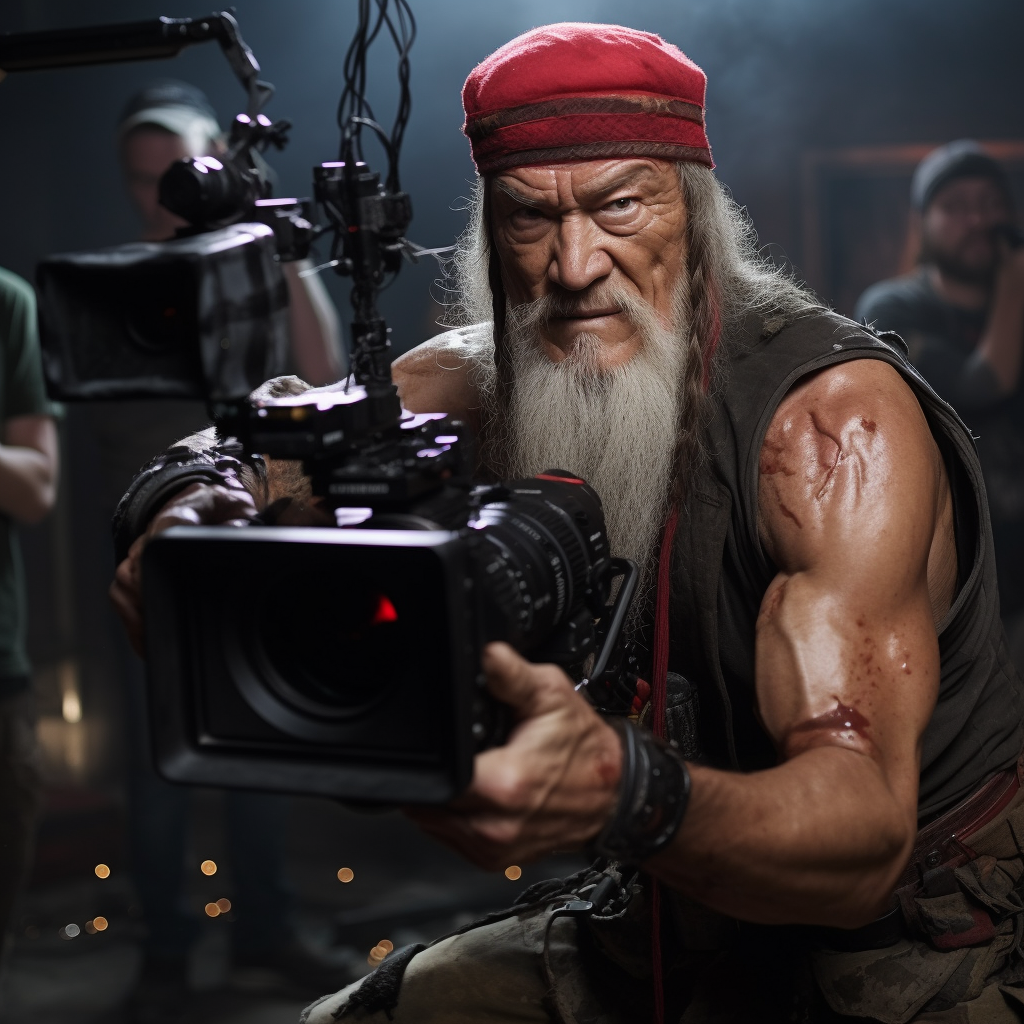 Elderly man filming Mortal Kombat with camera