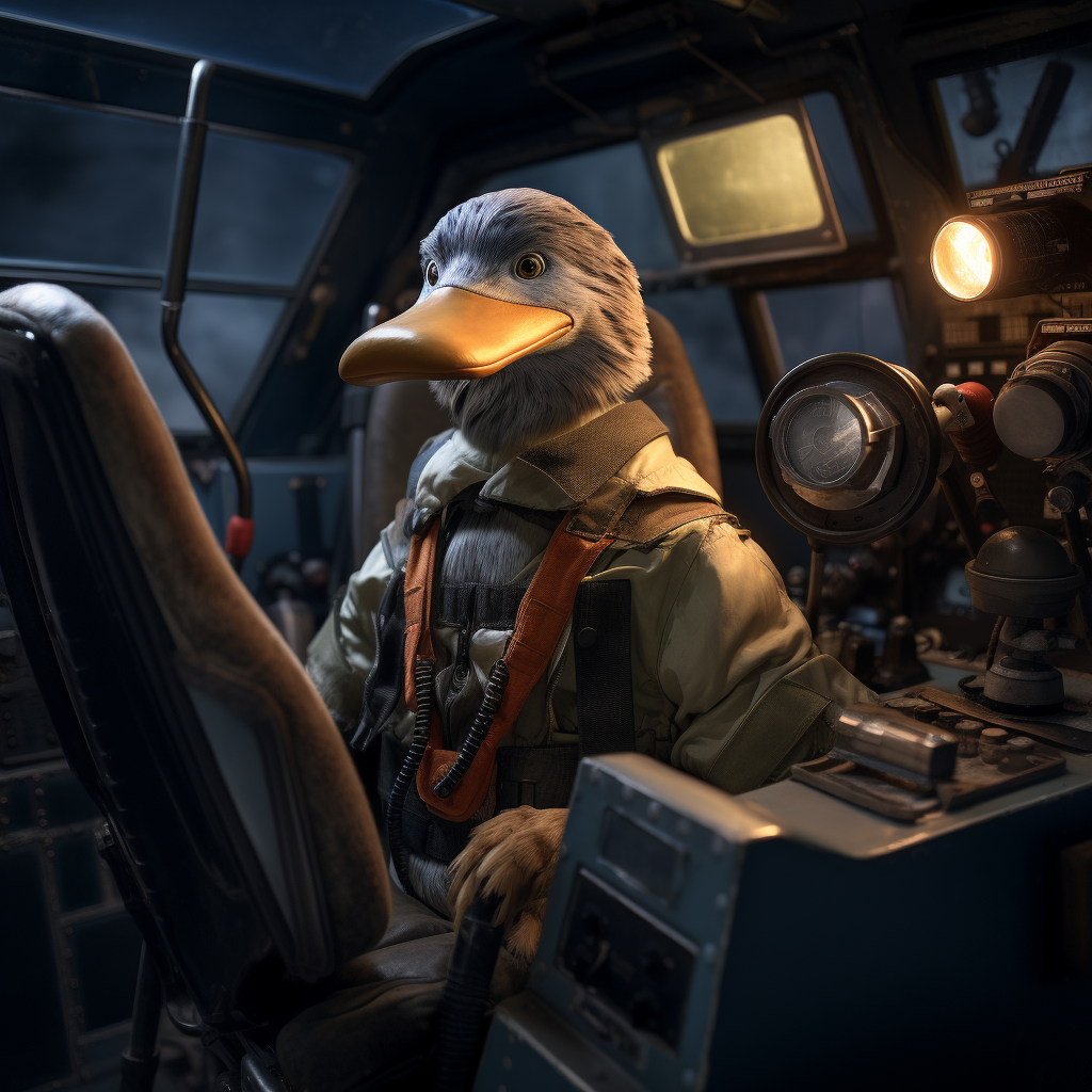 Duck pilot with humanoid assistant in cockpit