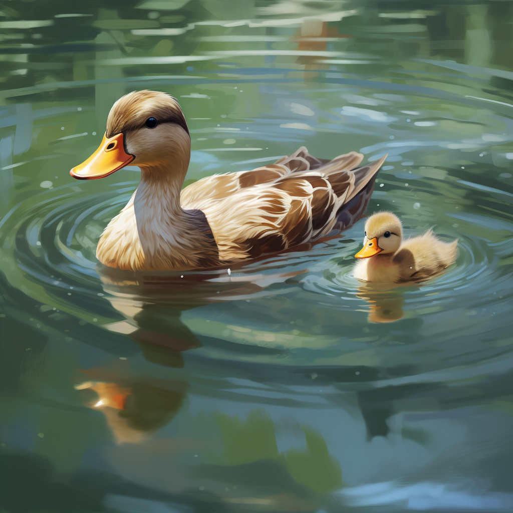 Beautiful Duck Mom and Duckling Swimming