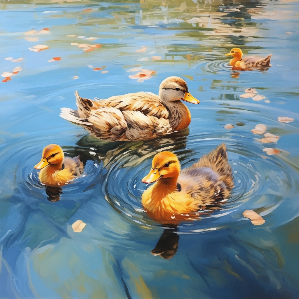 Cute ducks and ducklings in water