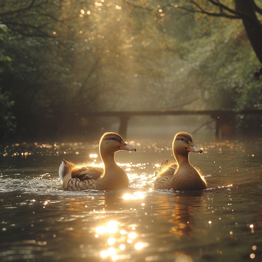 Ducks in Love Swimming in River