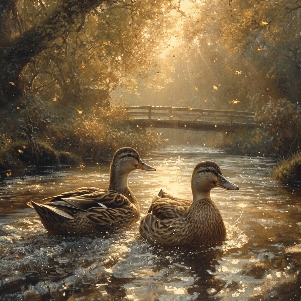 Ducks in love swimming under a wood bridge