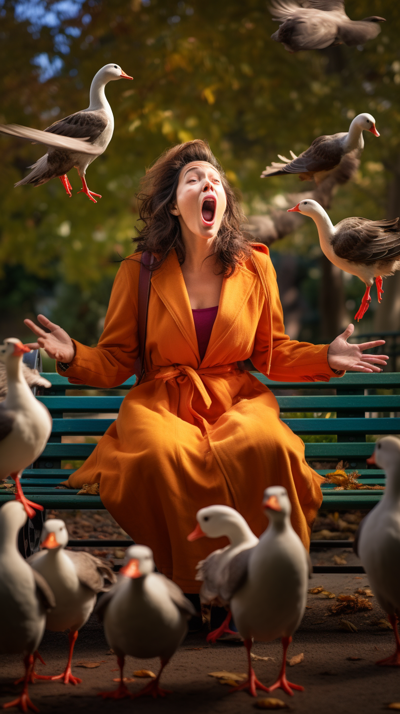 Ducks throwing bread at surprised homeless woman