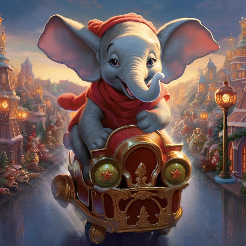 Dumbo dressed as Rudolph guiding Santa's sleigh ?