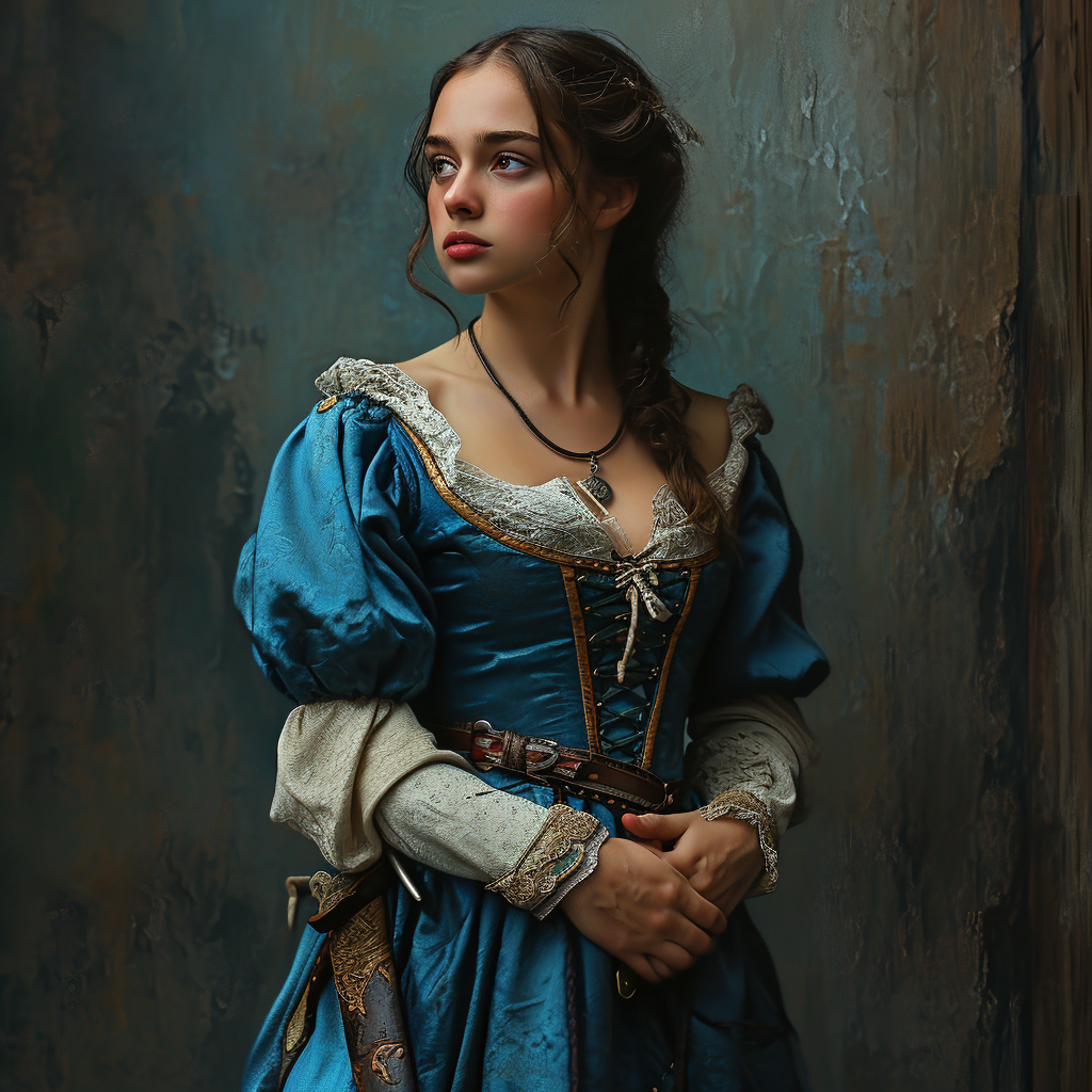 Dumpy female in blue dress with dagger