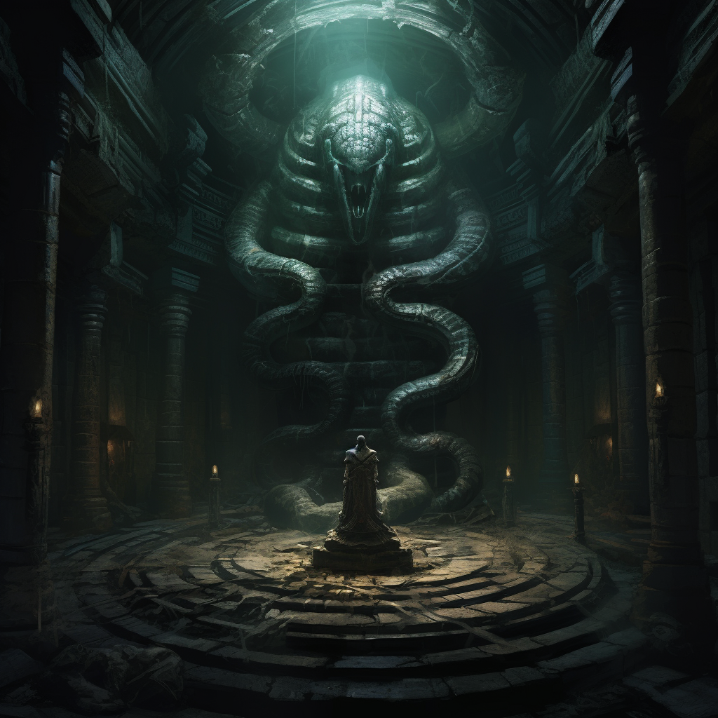 Mysterious silver serpent idol in a dark fantasy dungeon
