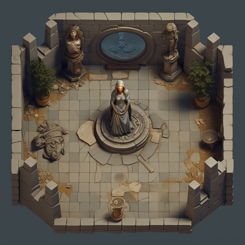 Top View of Dungeon Floor with Broken Statue