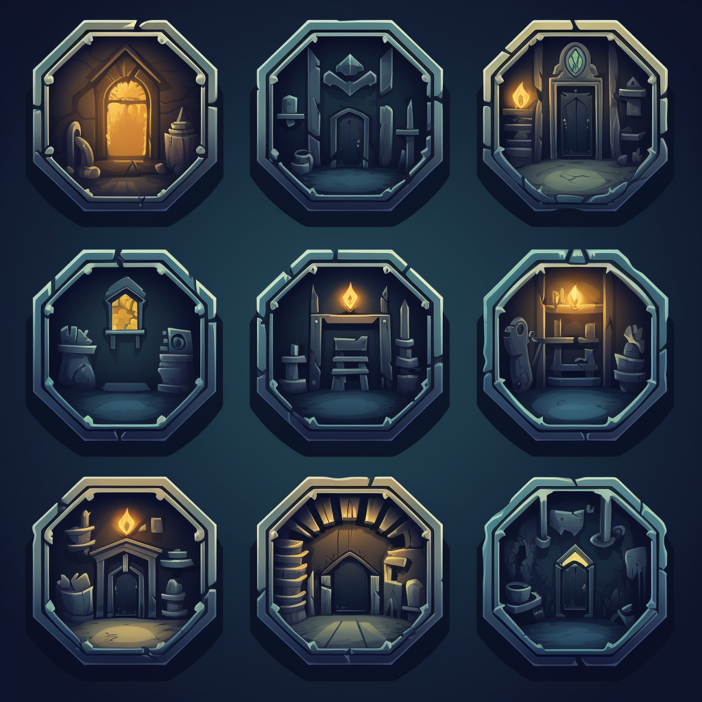 Hexagonal dungeon room icons