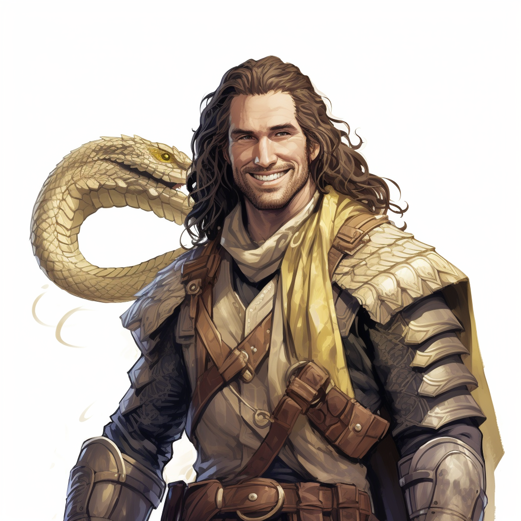 Snake Man Character with Braided Hair and Armor