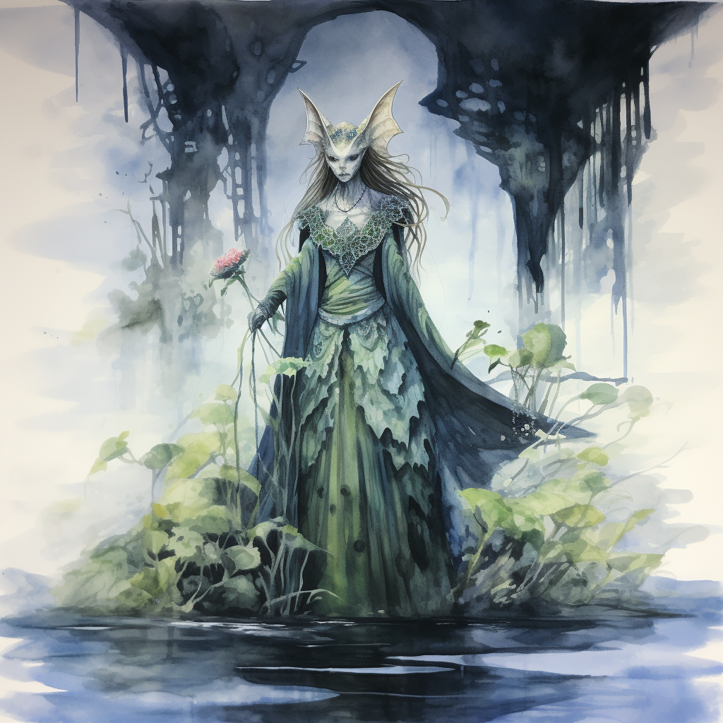 Dark Fantasy Watercolor of Fairy Queen in Swamp