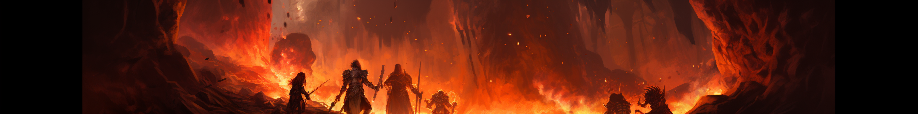 Adventurers battling fire elemental in underground cavern