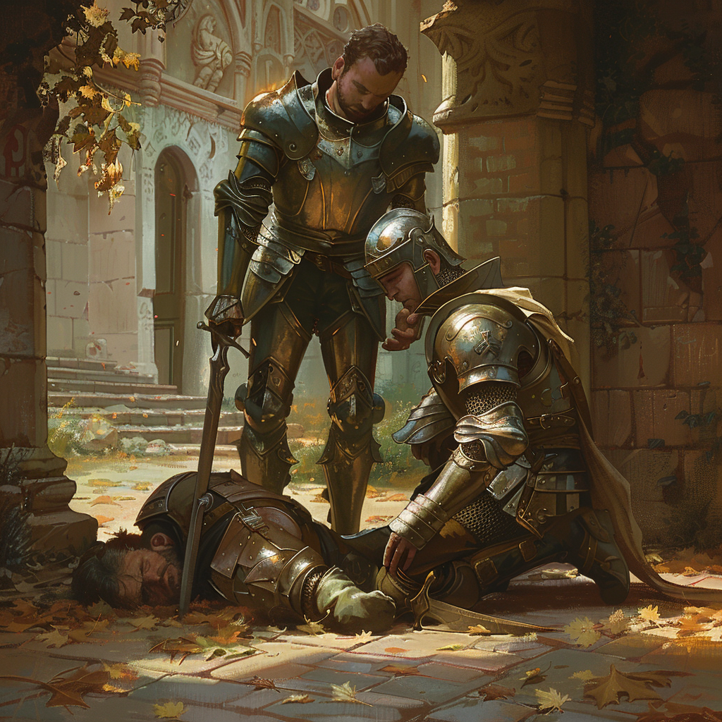 Halfling in armor healing fallen friend