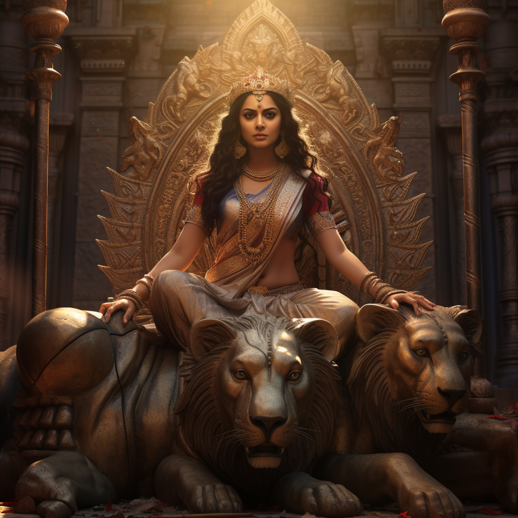 Realistic Durga Maa on Indian Throne with Lion