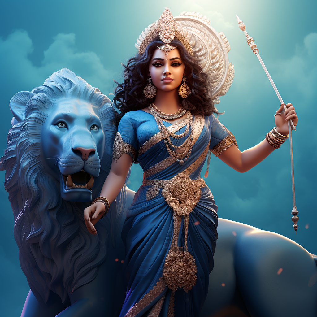 Gorgeous Lord Durga in Blue Saree with Lion