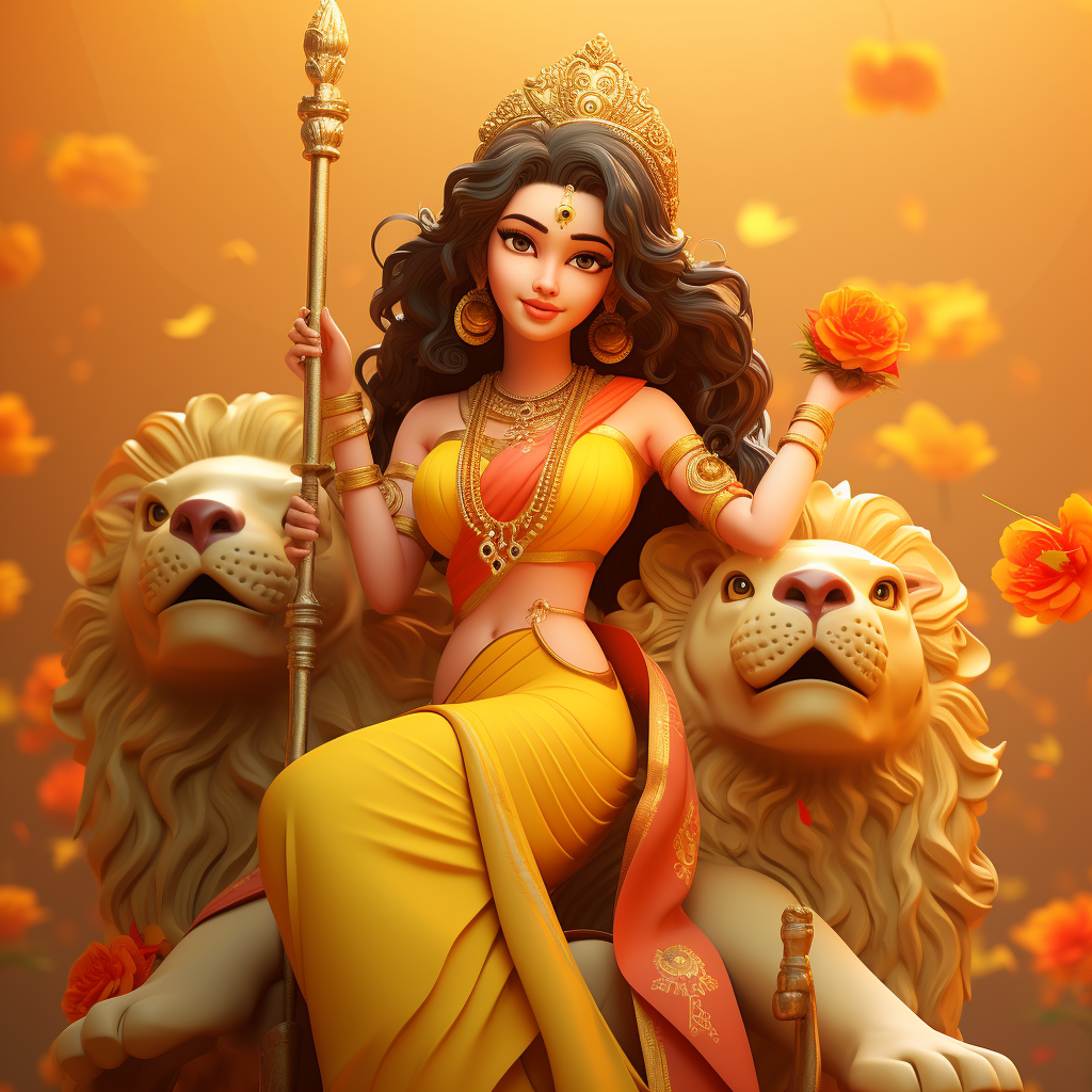 Pixar Style Lord Durga in Yellow Saree with Lion