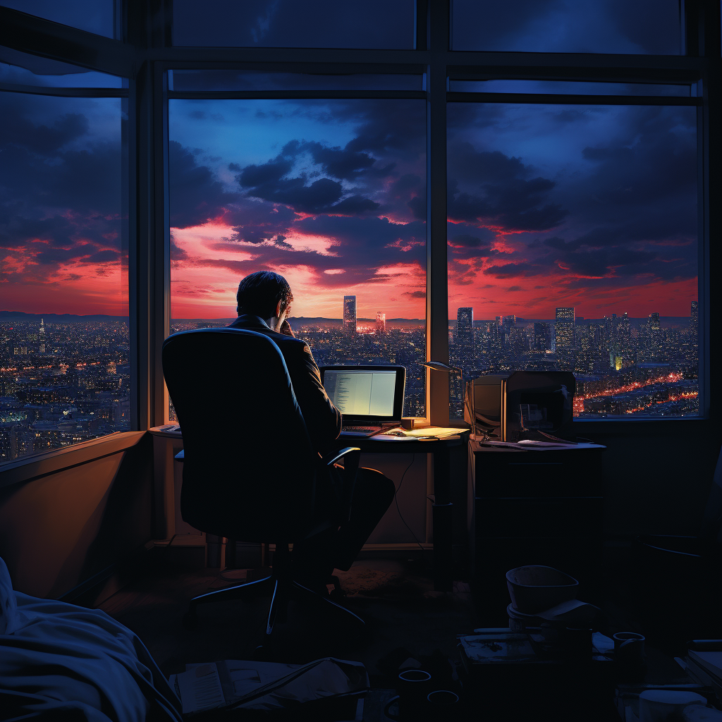 Businessman working on proposal at dusk