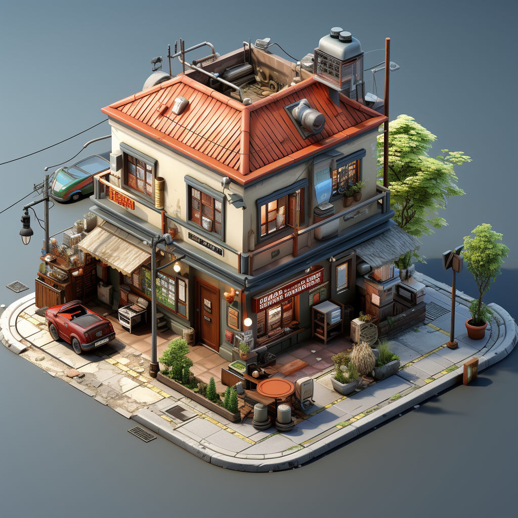 Isometric game architecture of a brick community center