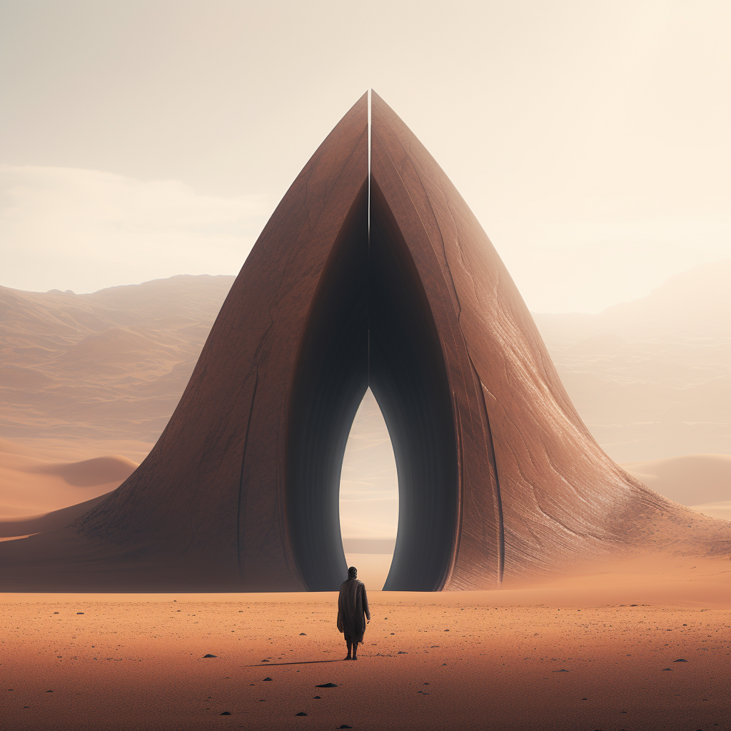 Minimal desert with futuristic architecture and person