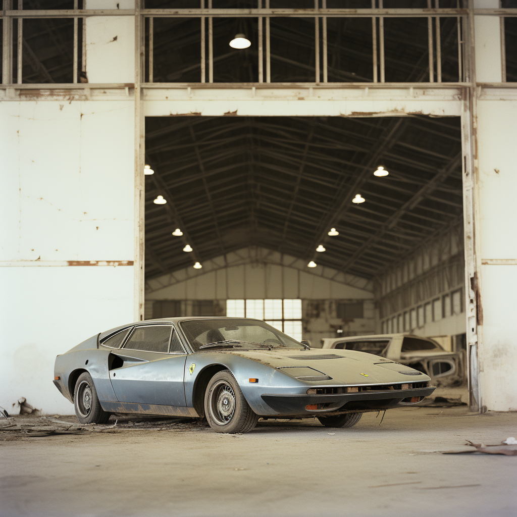 Abandoned airplane hanger with dusty Ferrari and private jet