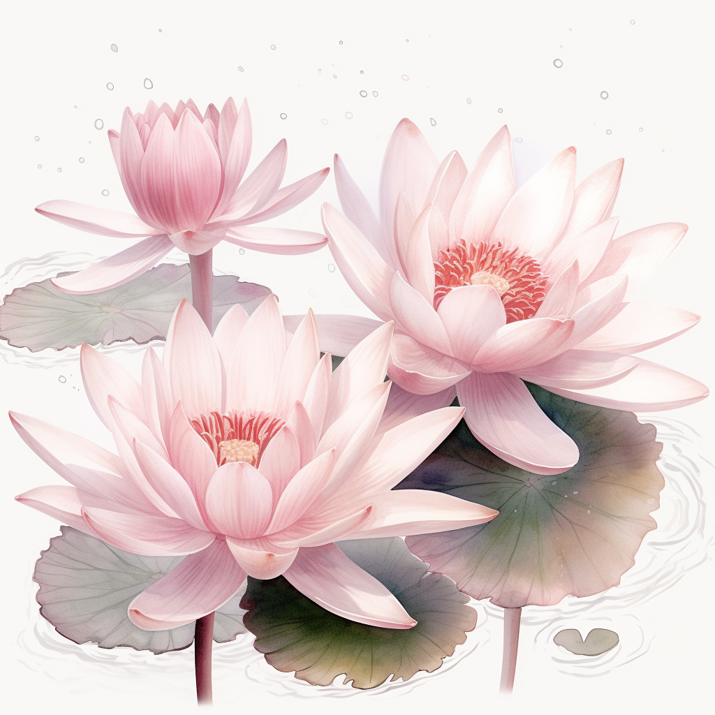 Dusty rose water lilies on white background