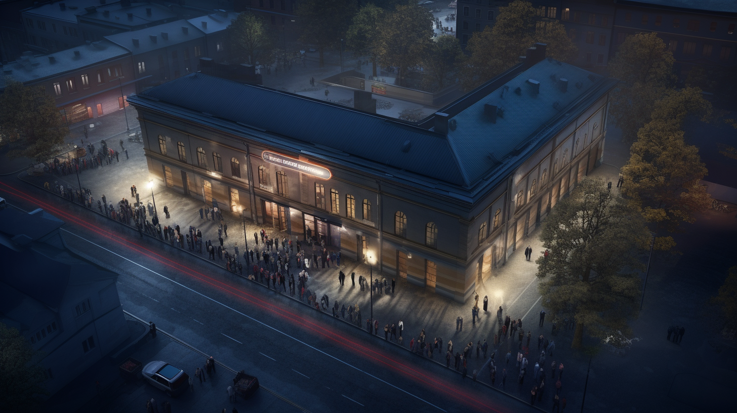 Aerial view of Dutch club Berghain at dawn with people queueing