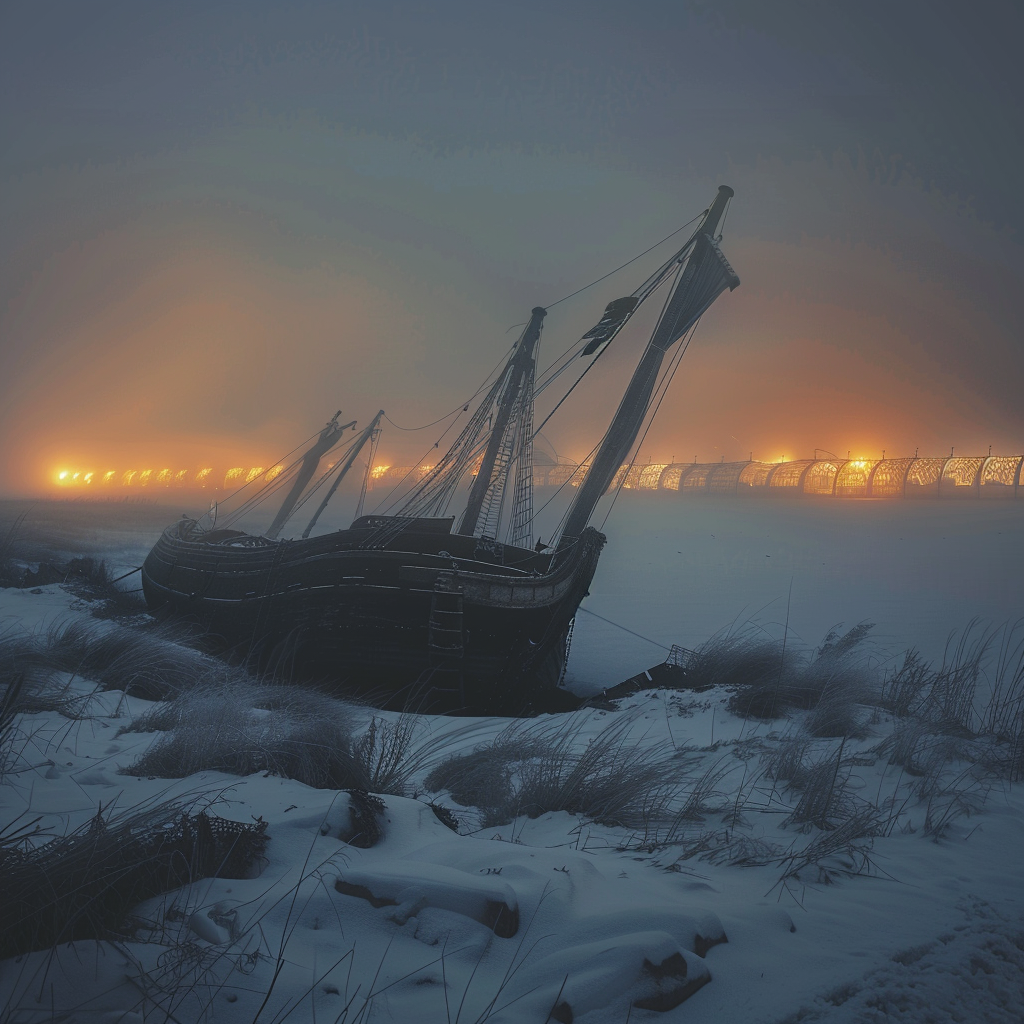 Dutch sailing ship in snow