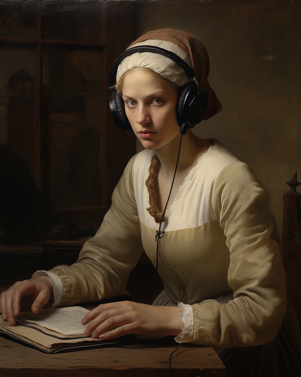 Fine art painting of Dutch woman with modern headphones