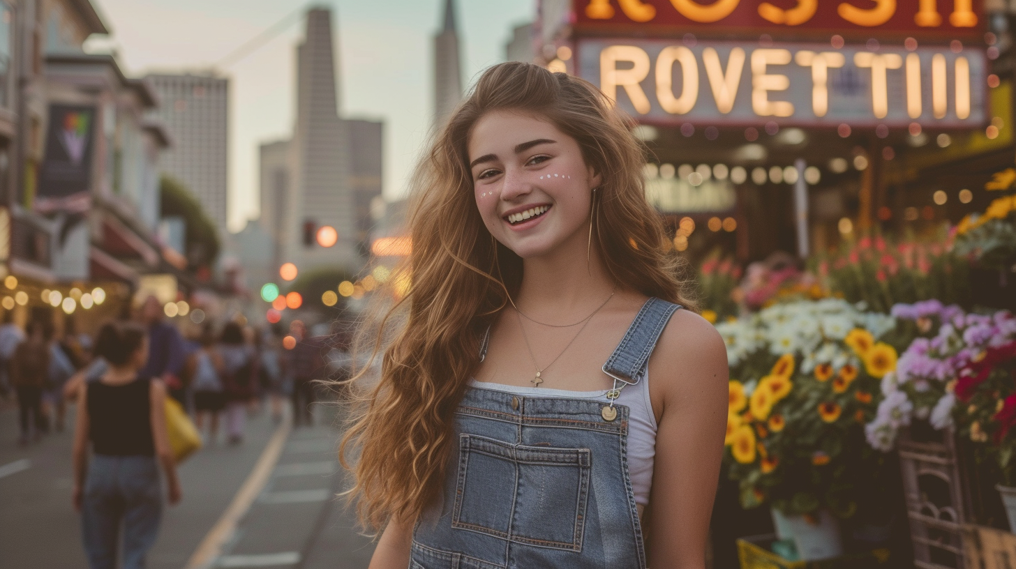 Dutch girl in overalls smiling at marquee sign