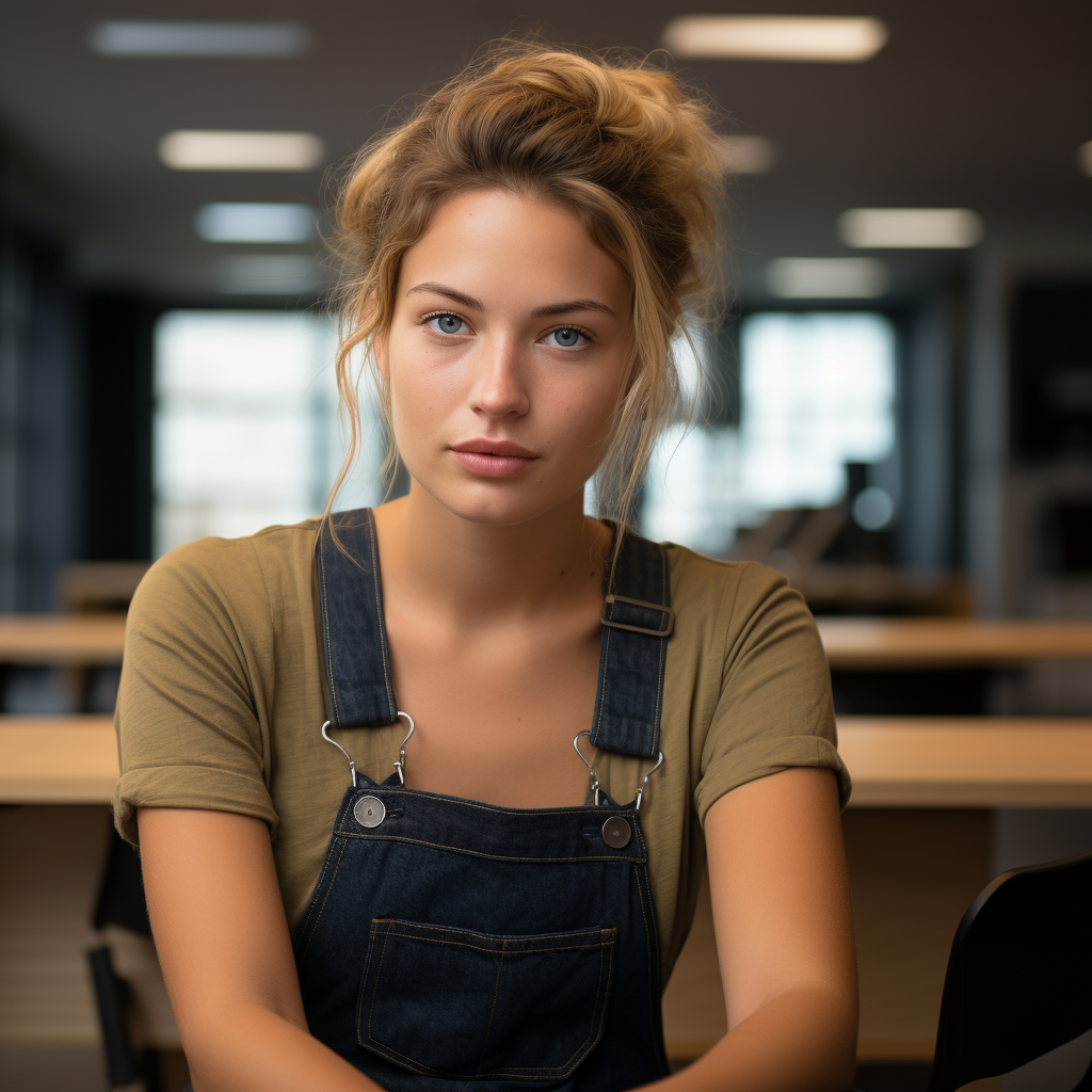 Dutch woman in office looking up