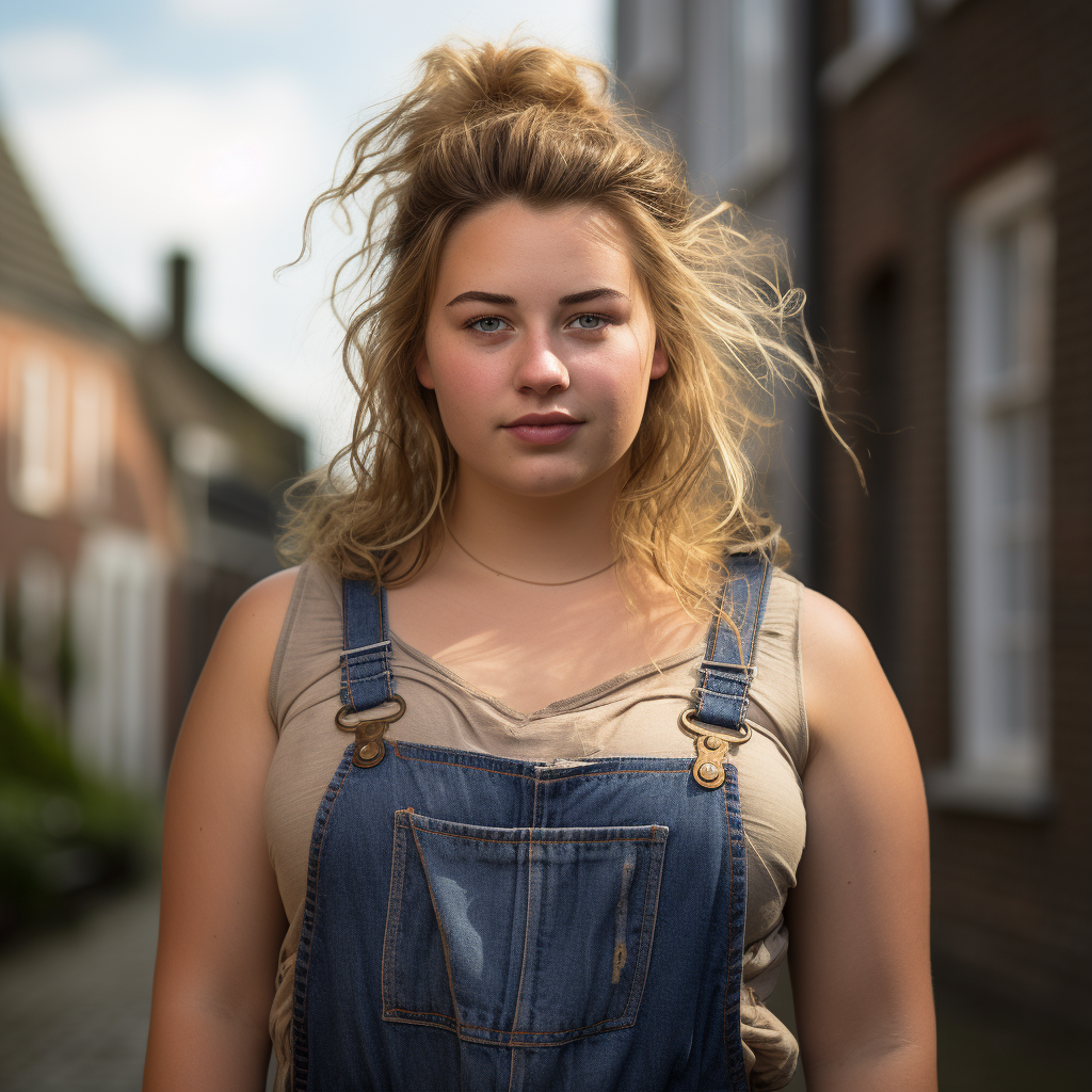 Portrait of overweight Dutch woman in dungarees