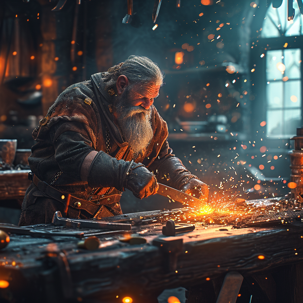 Dwarf blacksmith forging with sparks, fantasy atmosphere