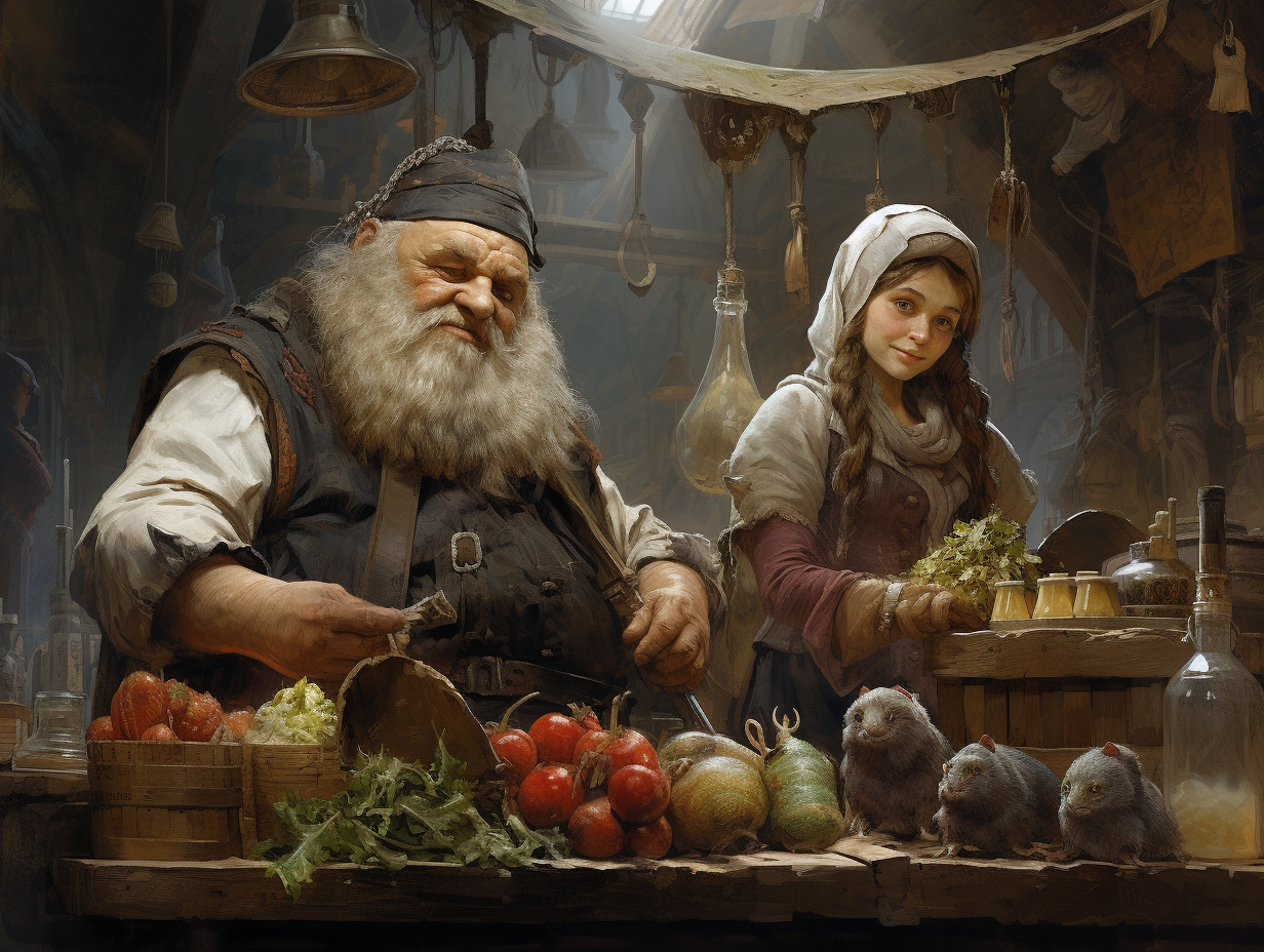 Dwarf couple selling magical goods at market portrait by Jean-Baptiste Monge