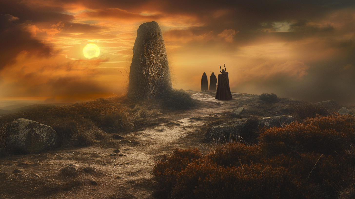 Group of pilgrims walking on a Celtic hill