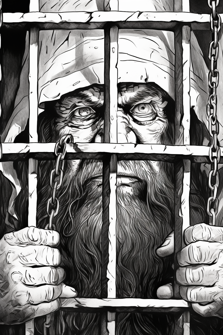 Dwarf prisoner behind metal bars