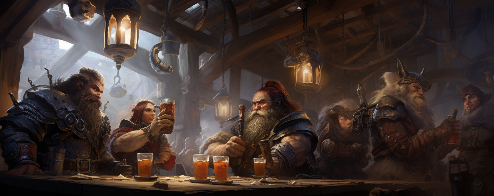 Dwarf warriors enjoying drinks at the tavern