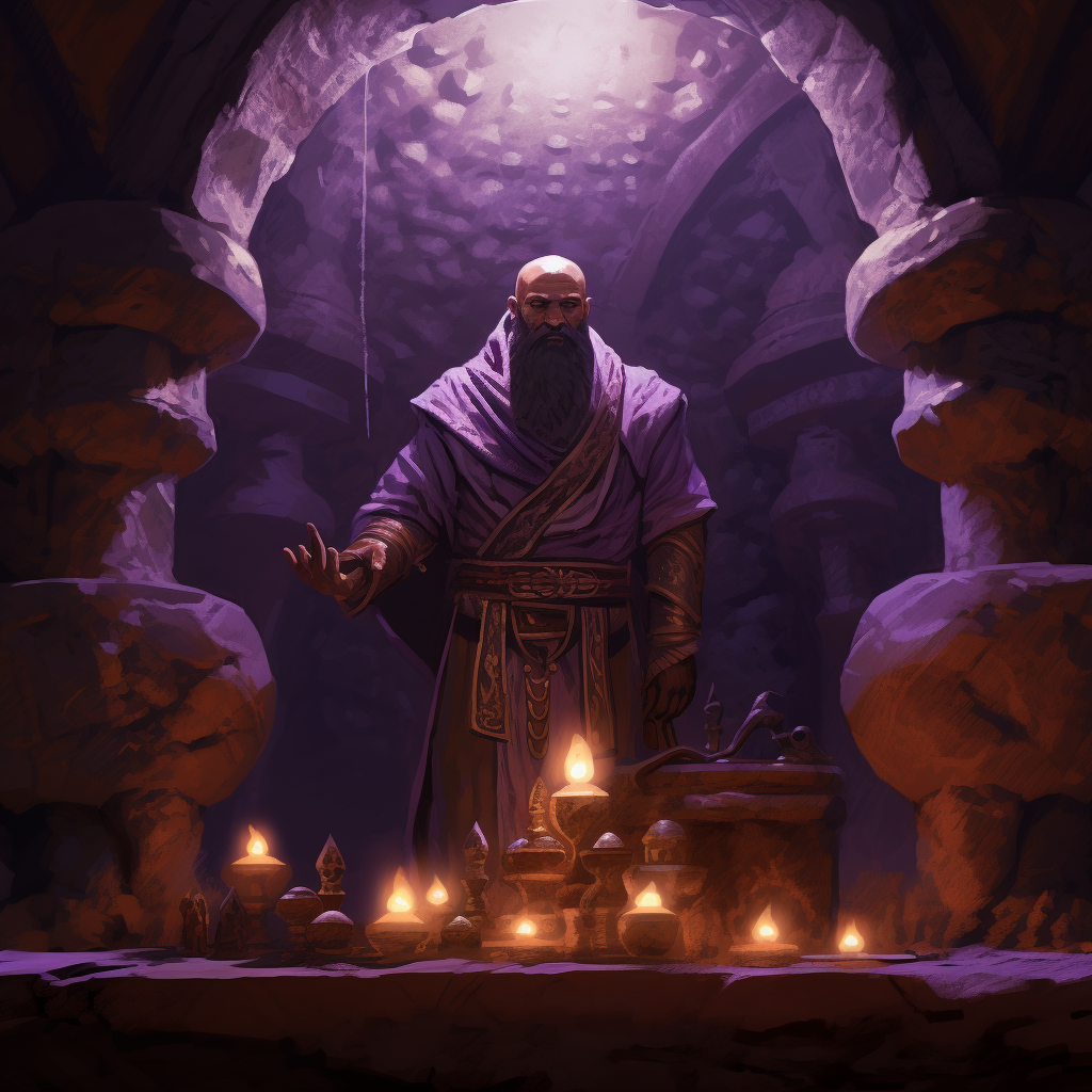 Dwarf in Purple Robes at Egyptian Altar