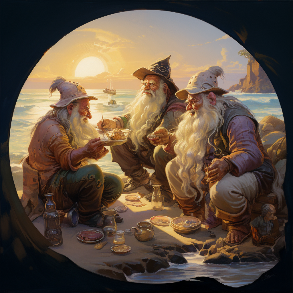 Dwarves playing pogs on a beach