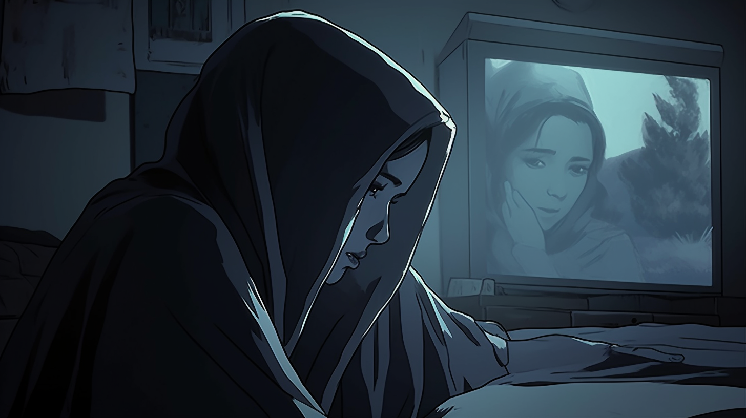 The indistinct face of a dying hooded girl