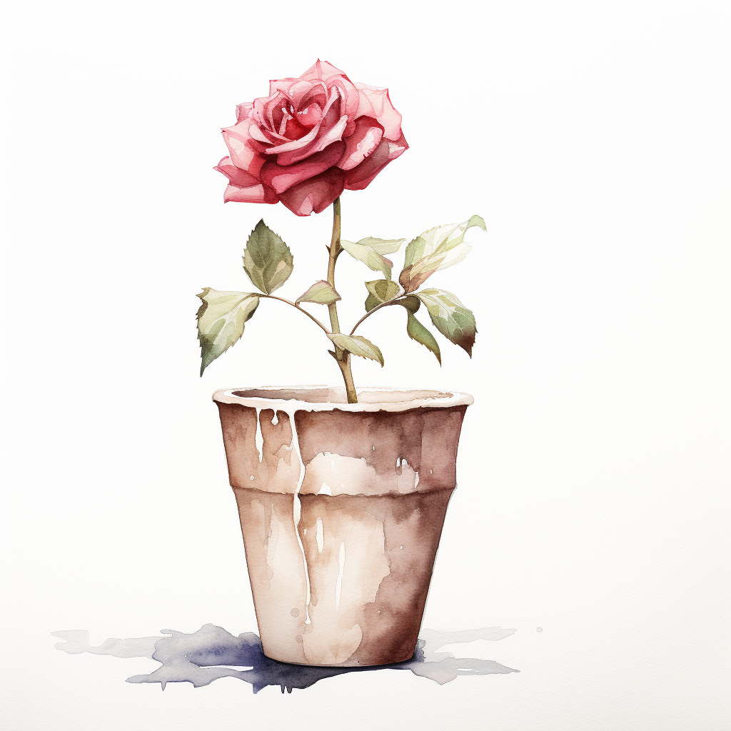 A droopy dying rose in a clay pot