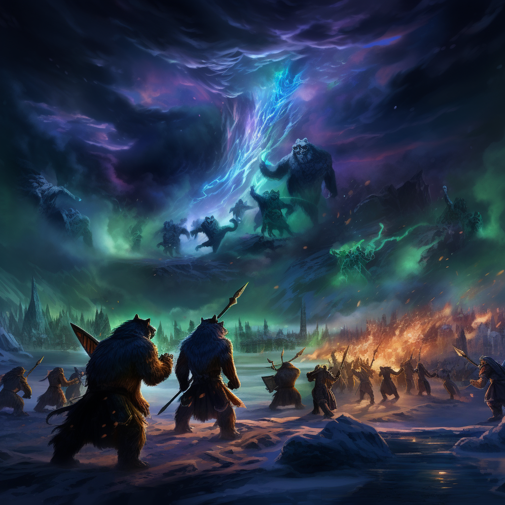 warriors clashing under auroras battle scene