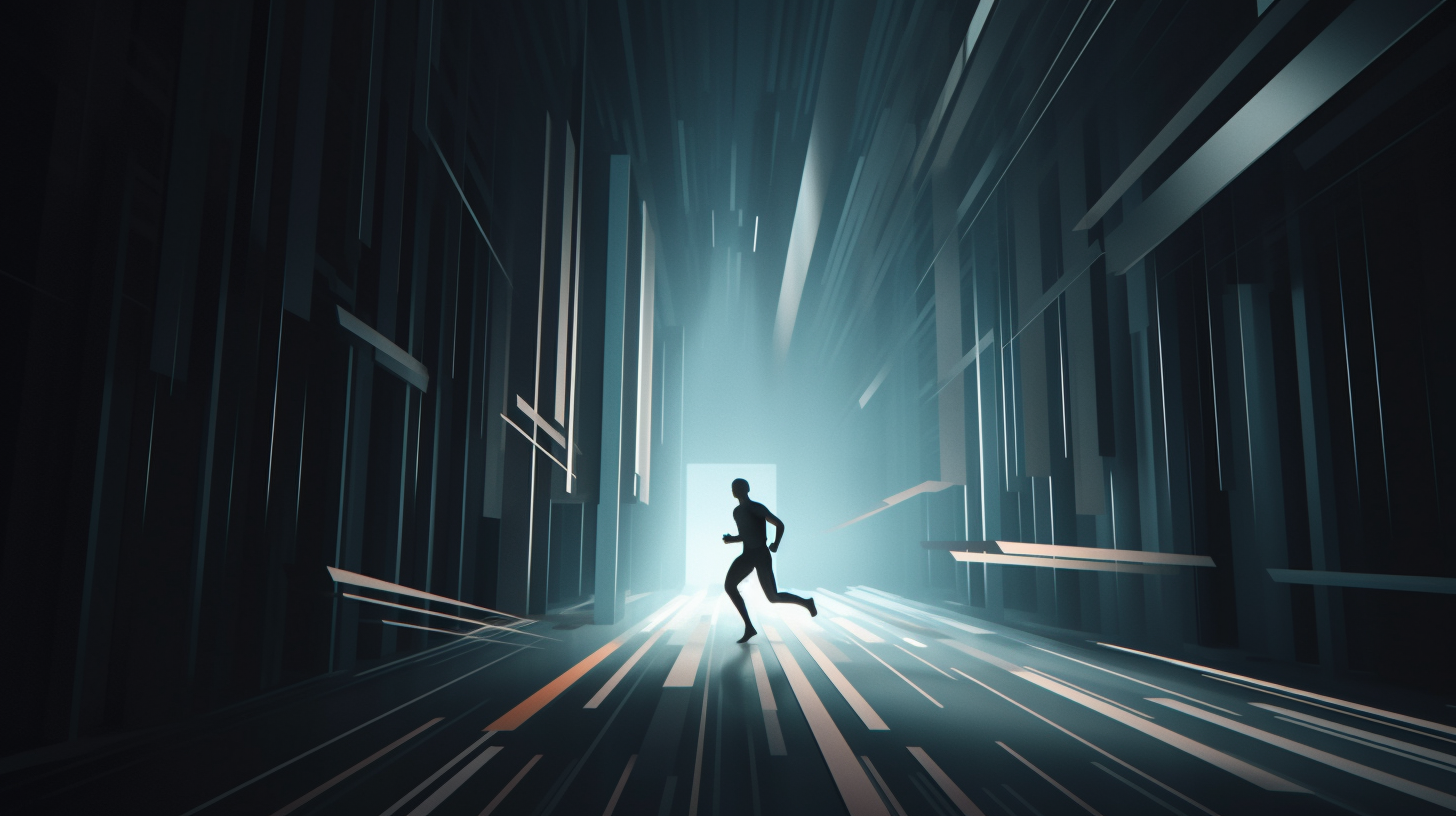 Character running through sleek environment